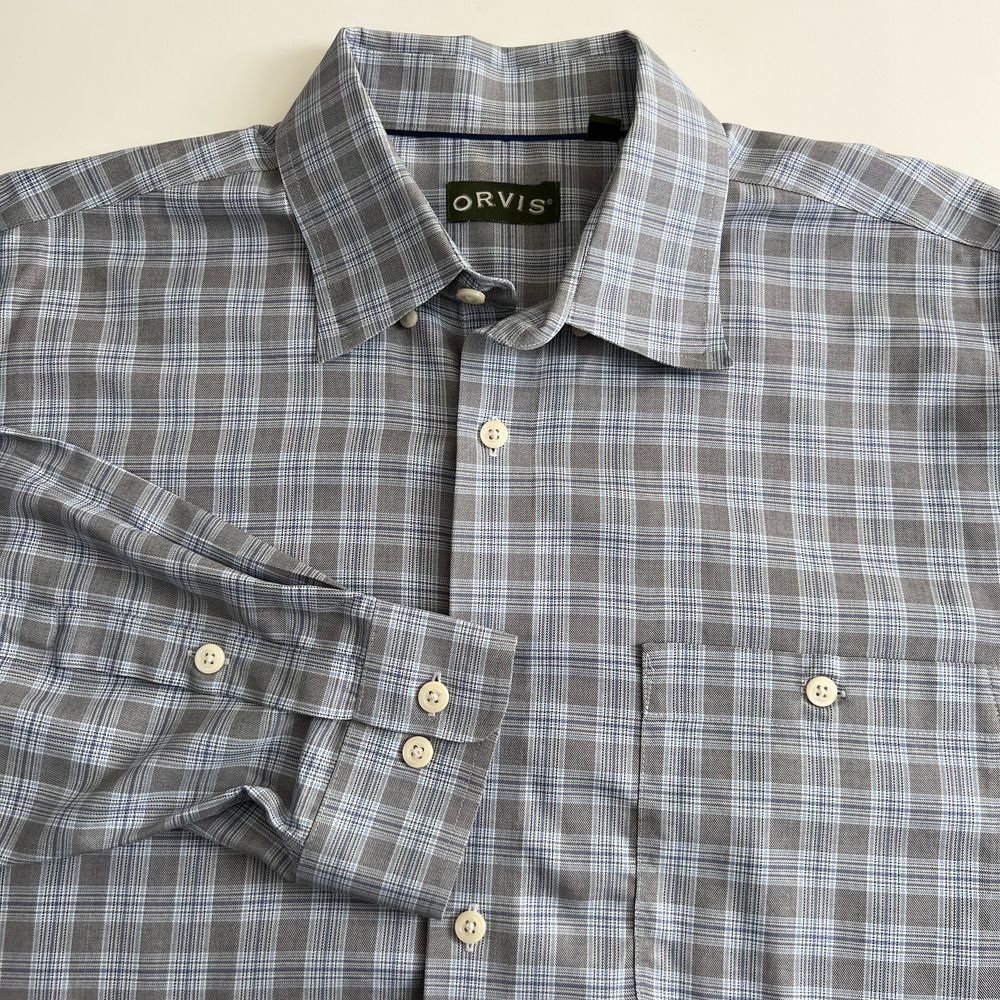 Orvis Men's XXL Gray Blue White Plaid Button‎ Up Shirt